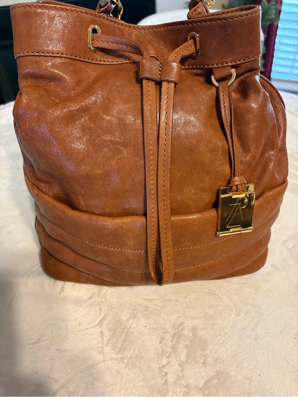 ZAC Zac Posen Cognac Leather Drawstring Tote with Gold Hardware